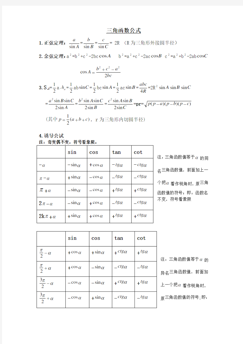 高中数学三角函数公式大全全解