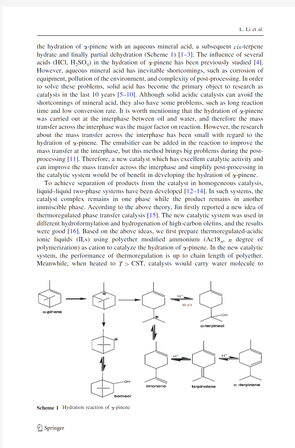 Hydration of α-pinene homogenous catalyzed by acidic polyether-modified ammonium salt ionic liquid