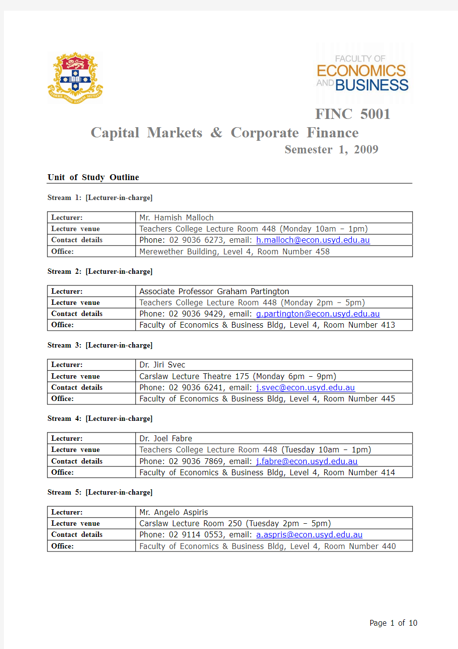 FINC5001_Discipline of Finance_2009 Semester 1_FINC50011 - Study Guide