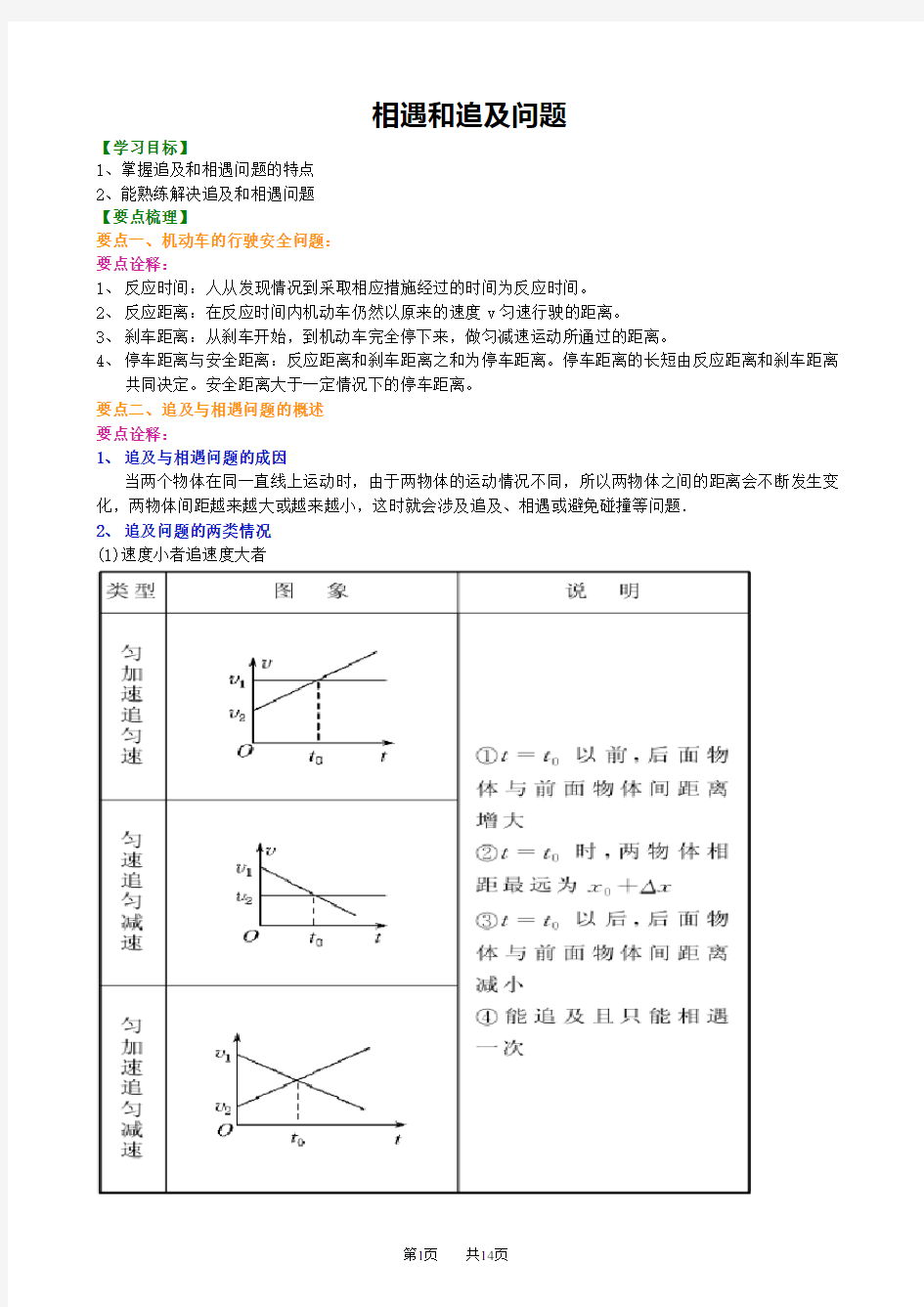 高一物理相遇和追及问题