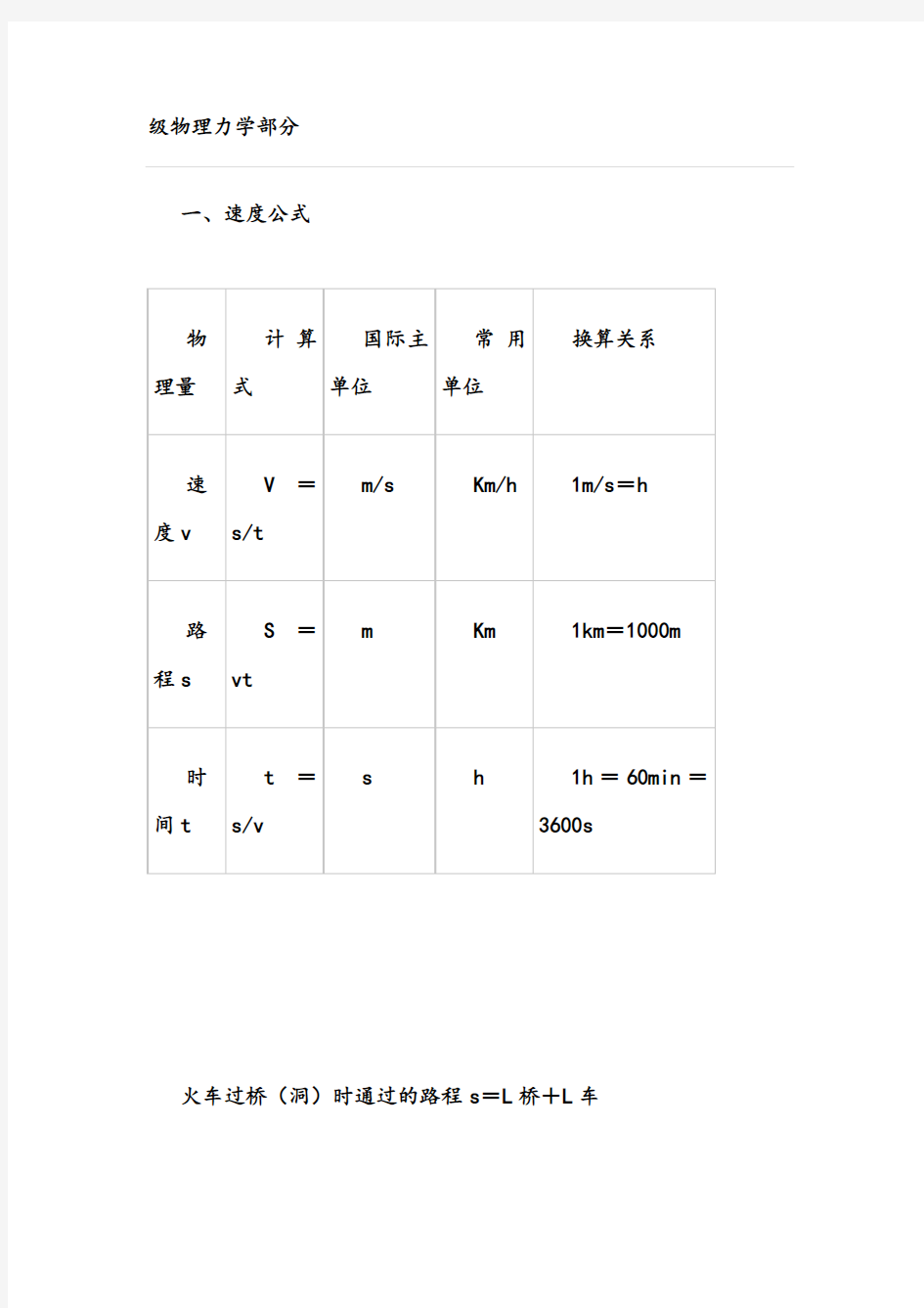 初中物理公式、单位换算大全