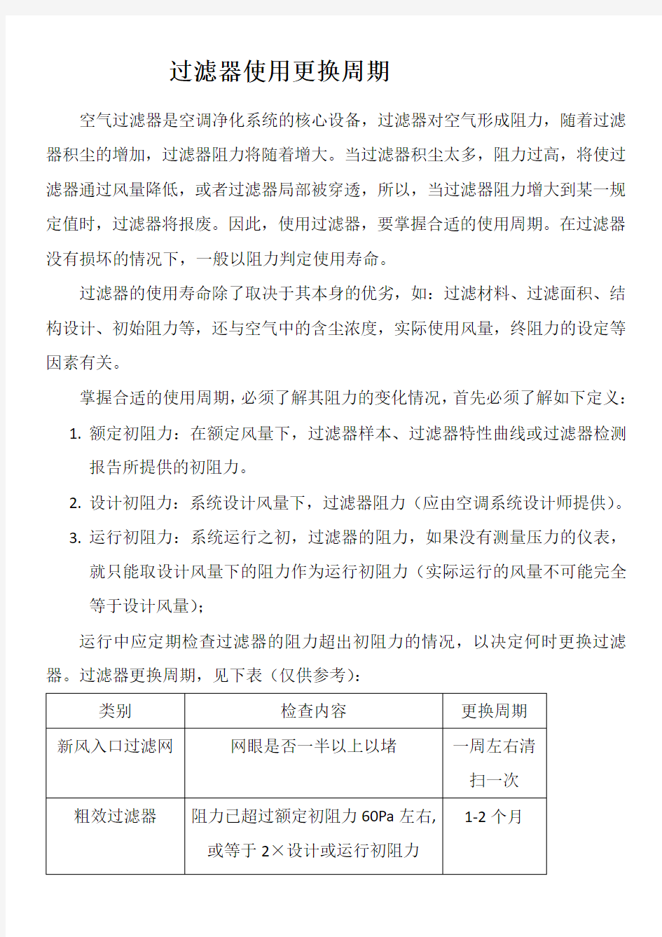 高效过滤器的使用和更换周期说明