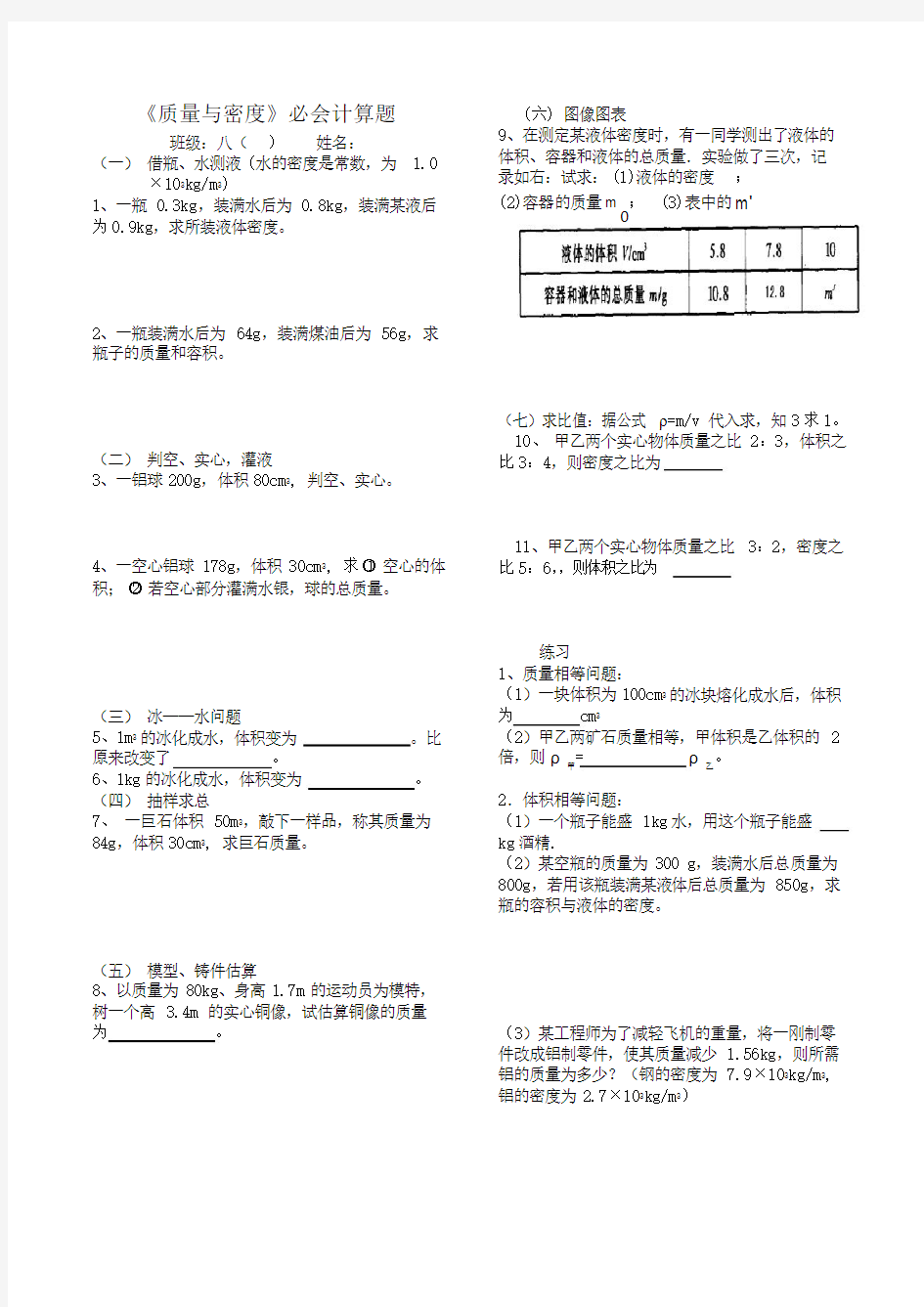 八年级物理“质量与密度”计算题