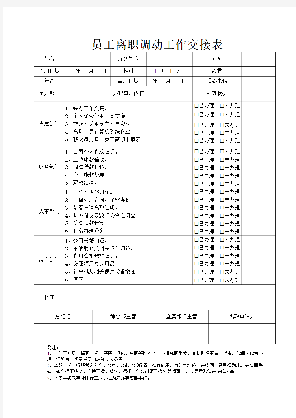 员工离职调动工作交接表