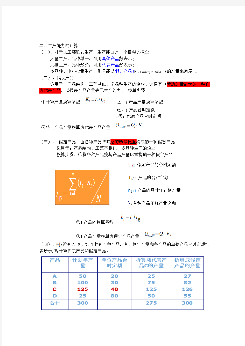 生产能力的计算