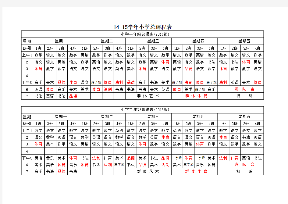 最新xx学校精品小学14-15总课程表 (法制)