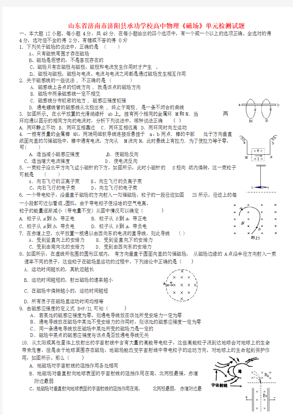 山东省济南市济阳县承功学校高中物理《磁场》单元检测试题