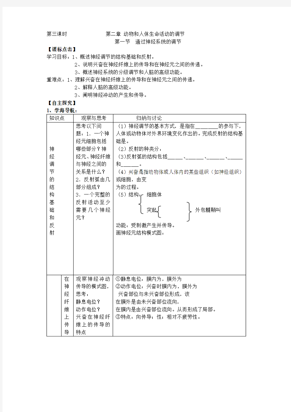 2017-2018学年人教版必修三     通过神经系统的调节 导学案