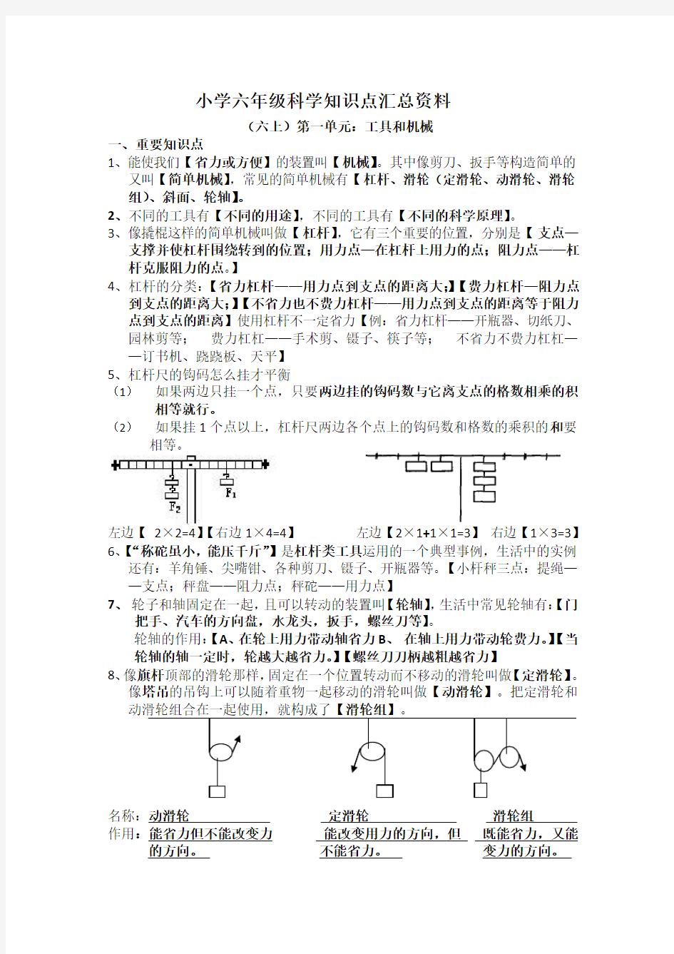 小学六年级科学知识点总汇资料全