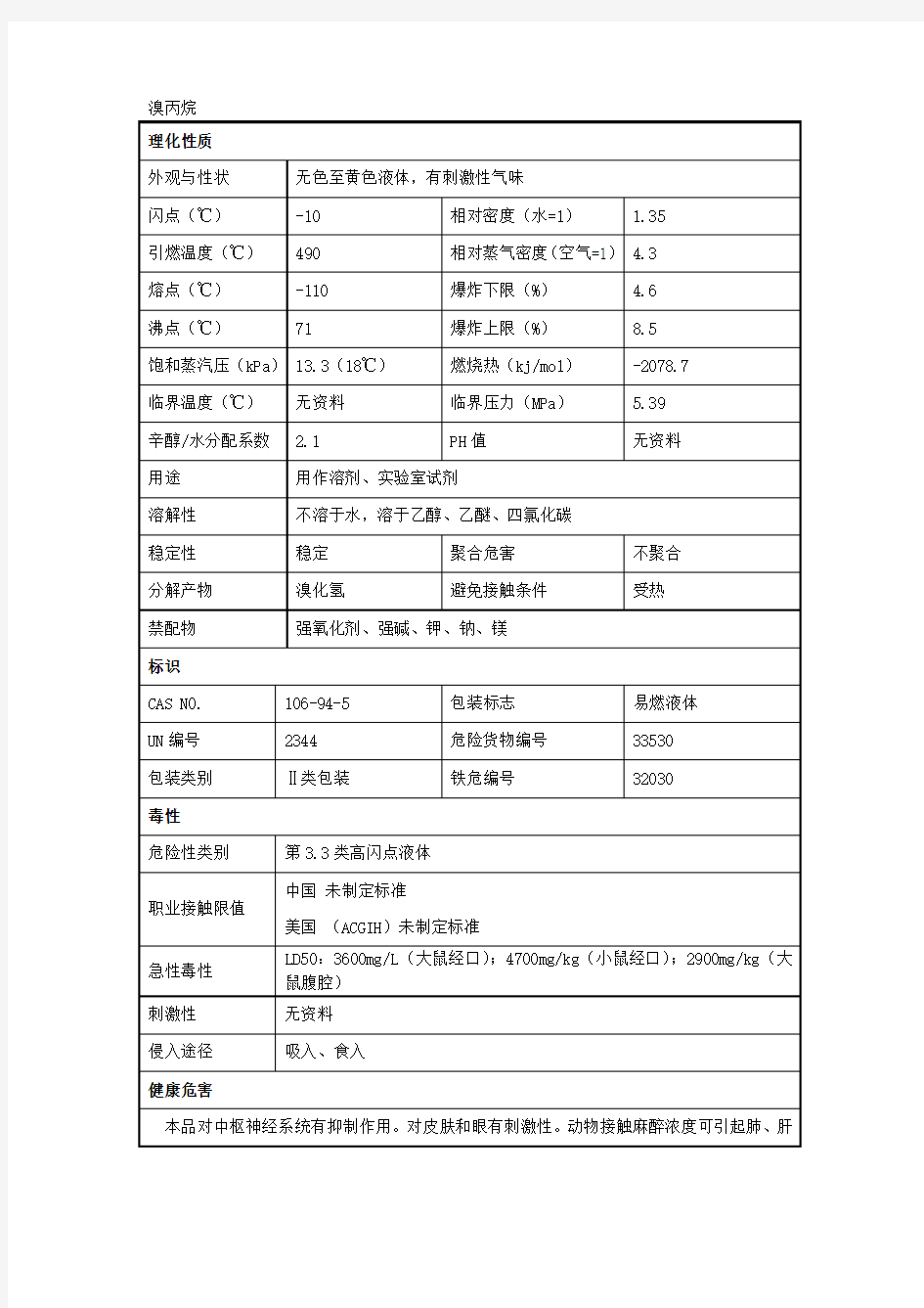 溴丙烷安全技术说明书