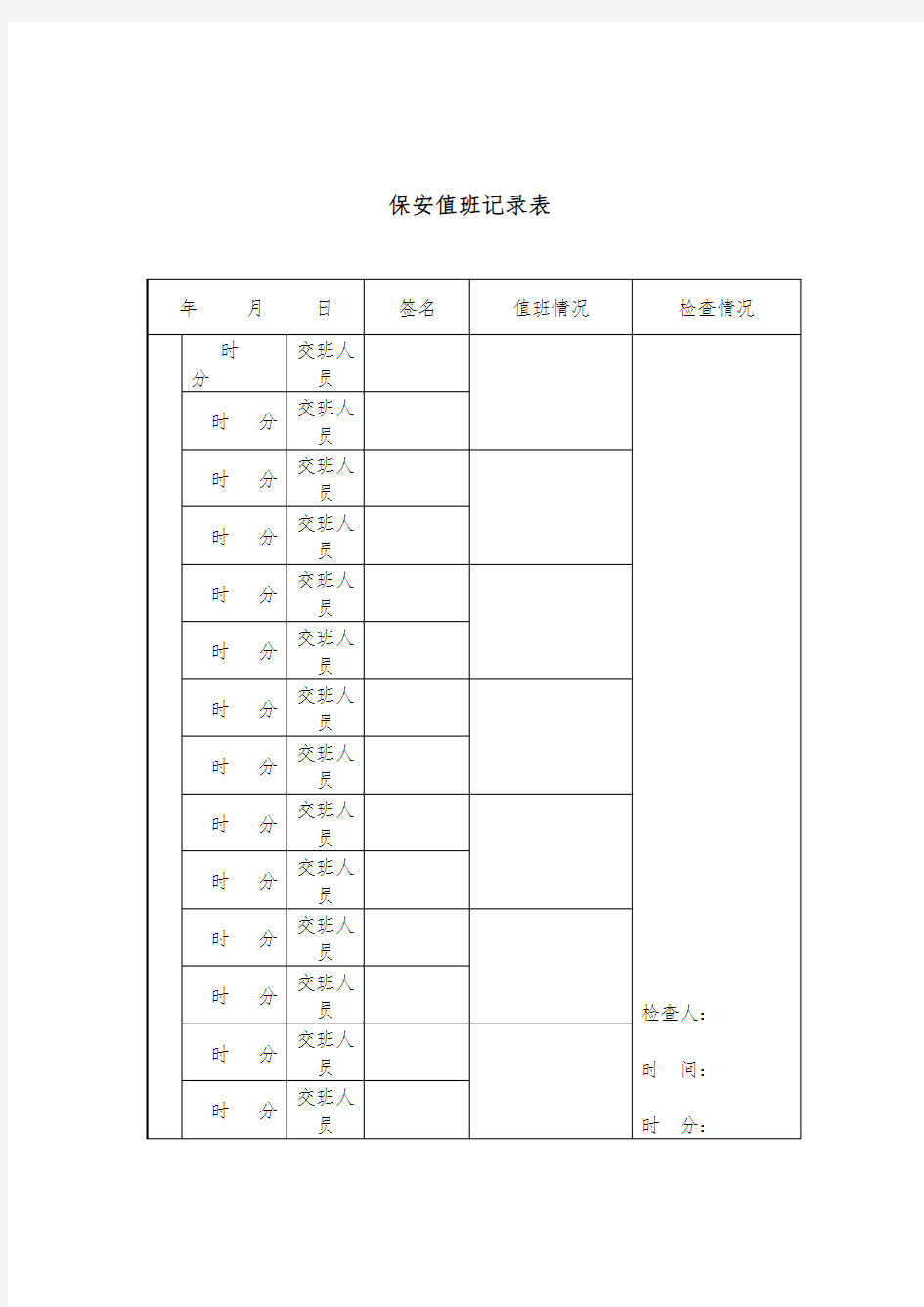 企业保安值班记录表