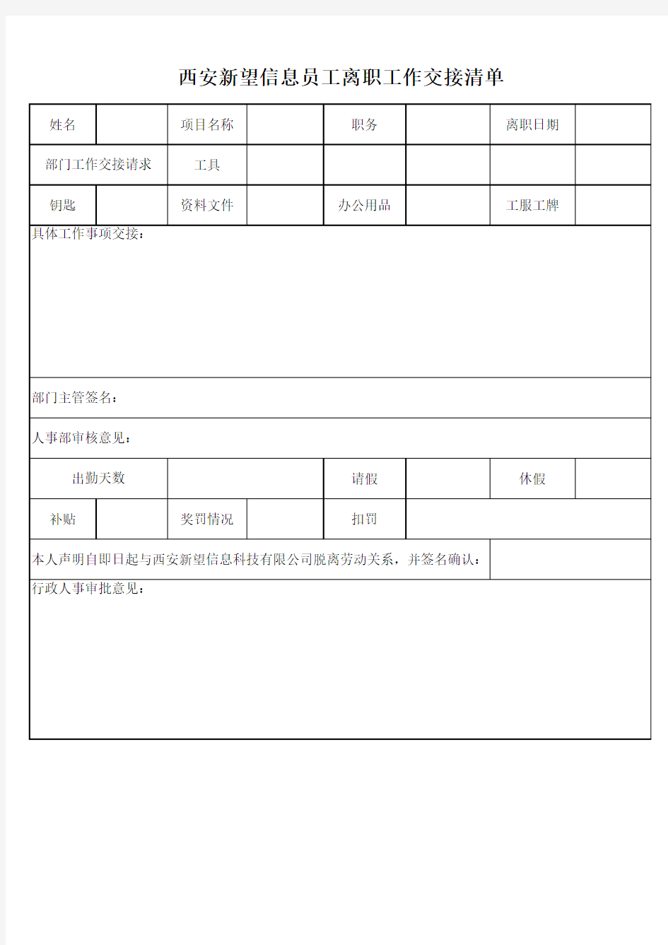 人员离职工作交接清单