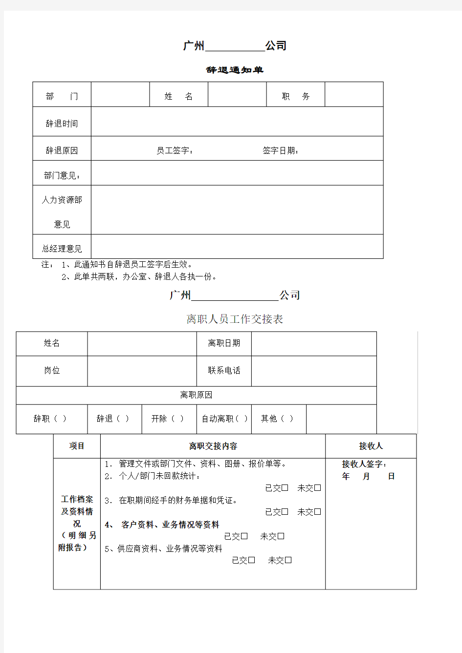 辞退员工表、交接表