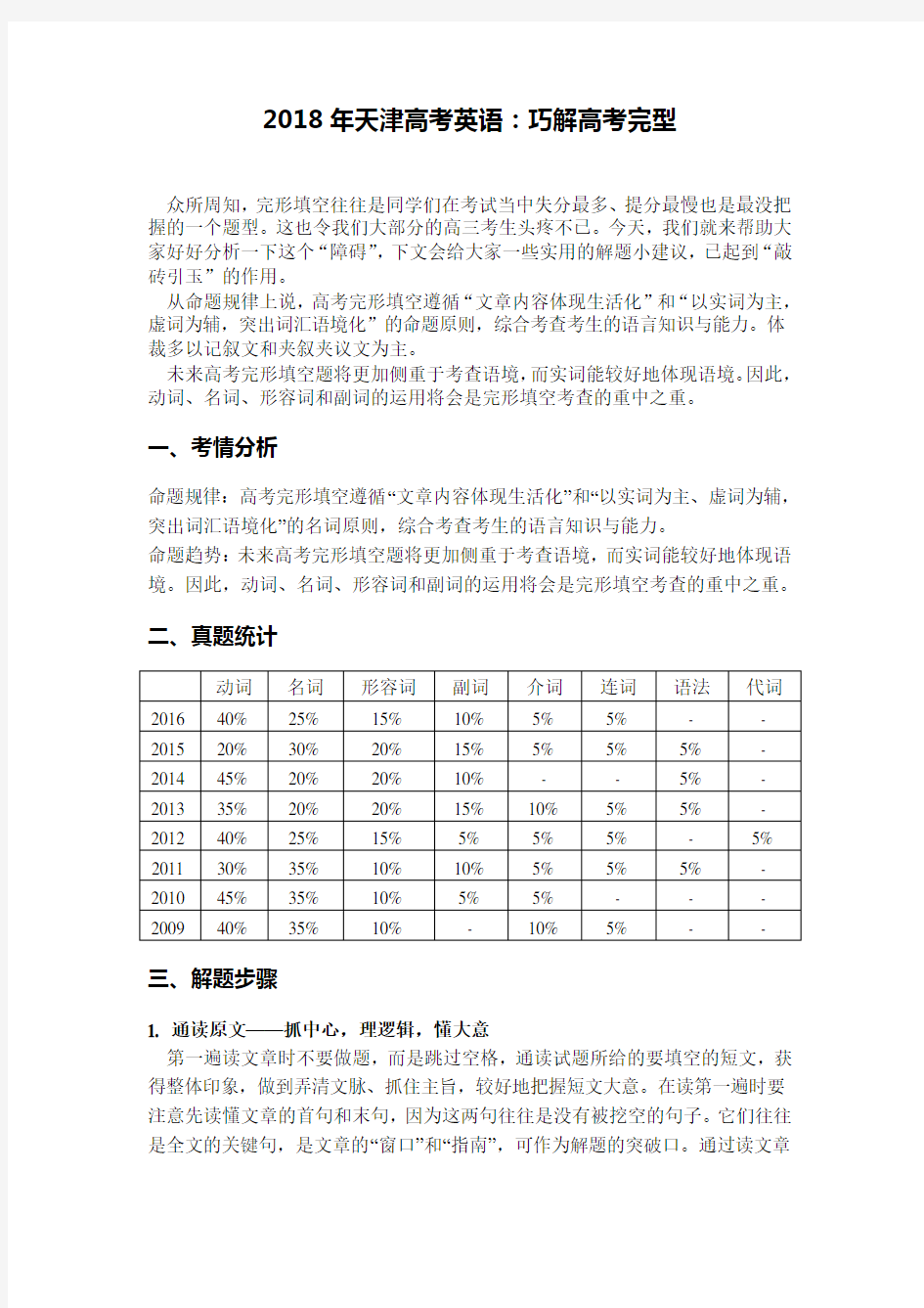 2018年天津高考英语：巧解高考完型 (1)