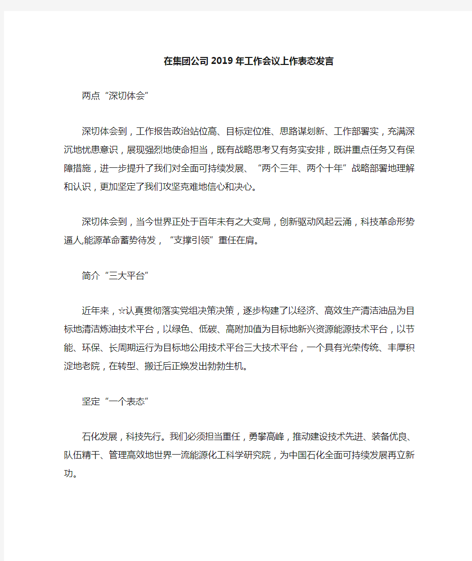 在集团公司工作会议上作表态发言