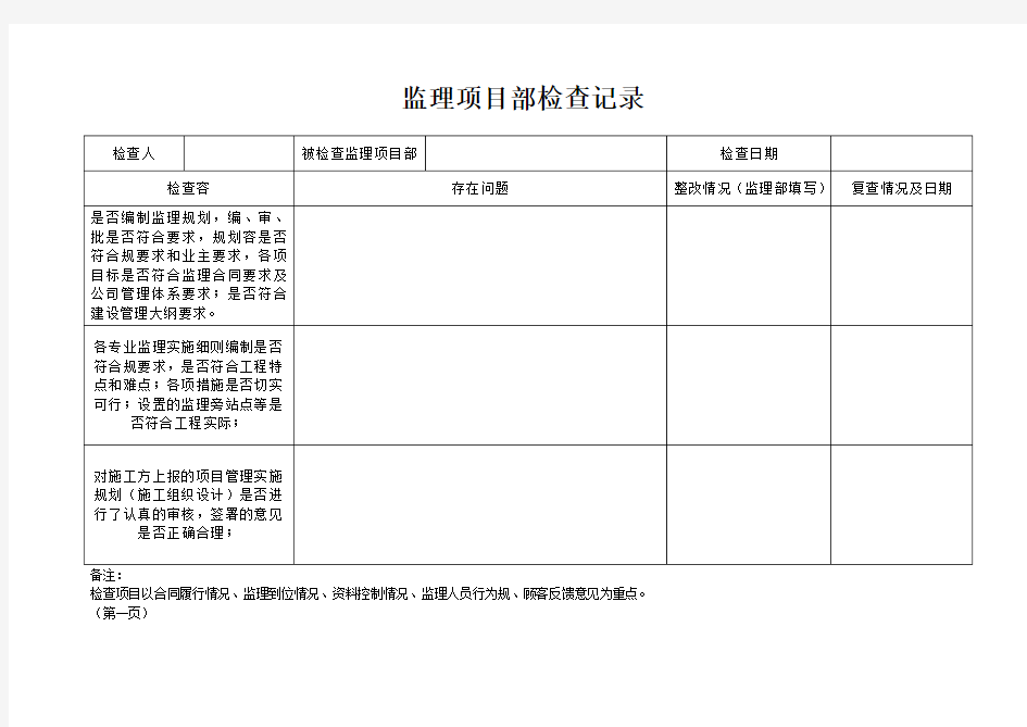 对监理项目部检查表