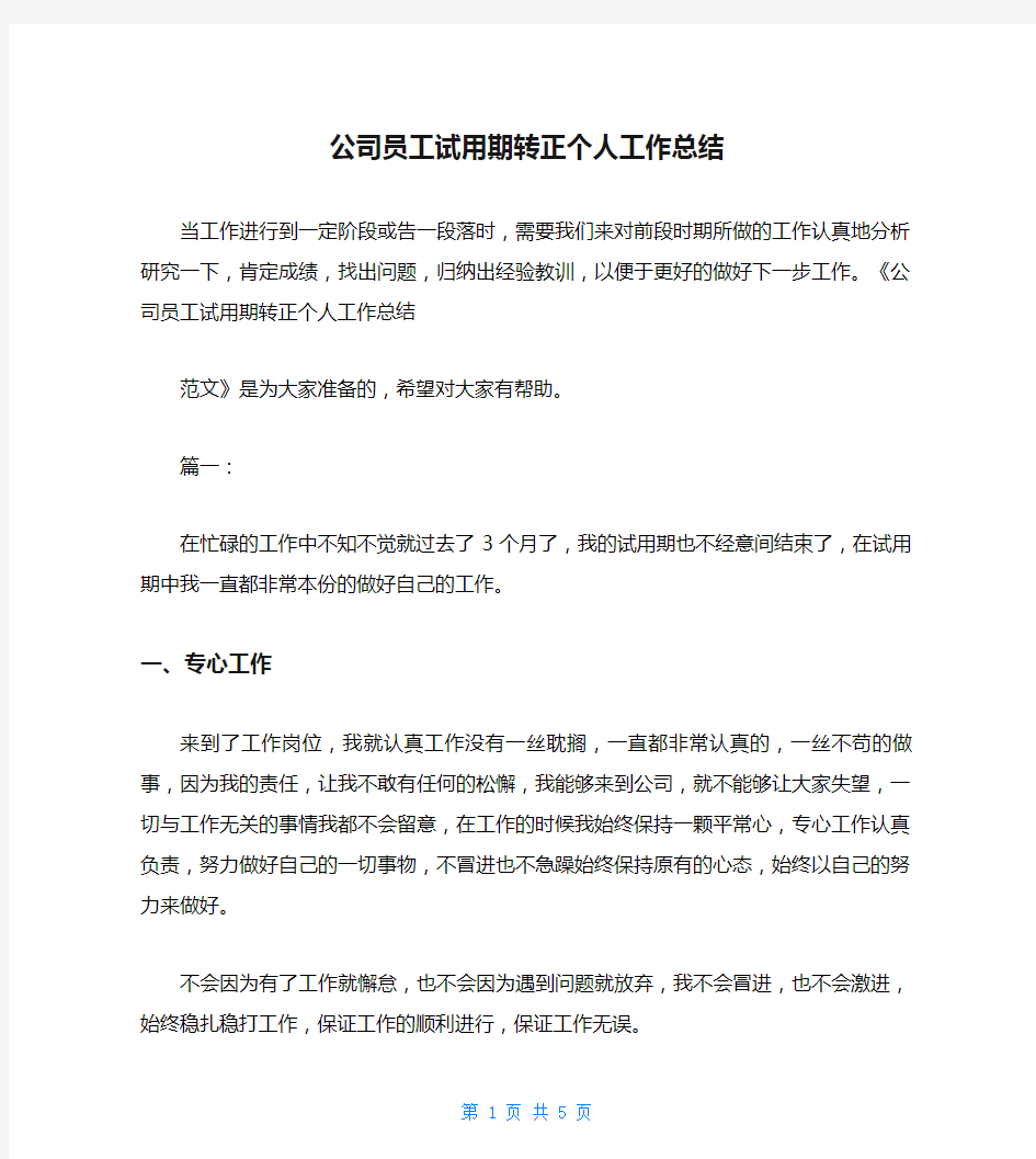 公司员工试用期转正个人工作总结