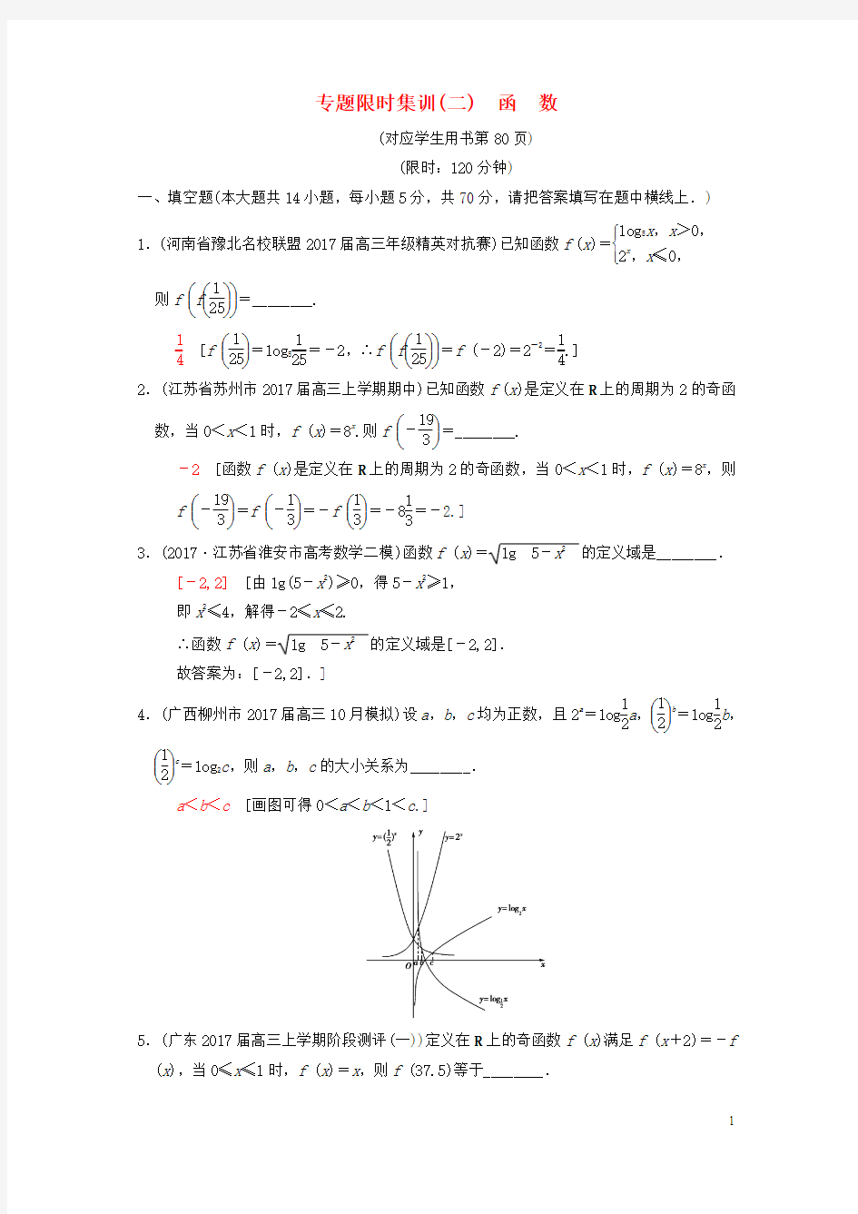 江苏专版2018年高考数学二轮复习第1部分知识专题突破专题限时集训2函数20180223326