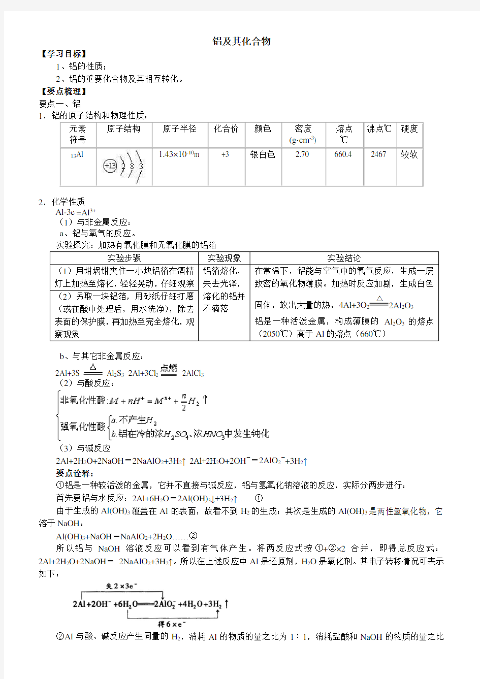 铝及其化合物 (知识点总结归纳+典例解析)