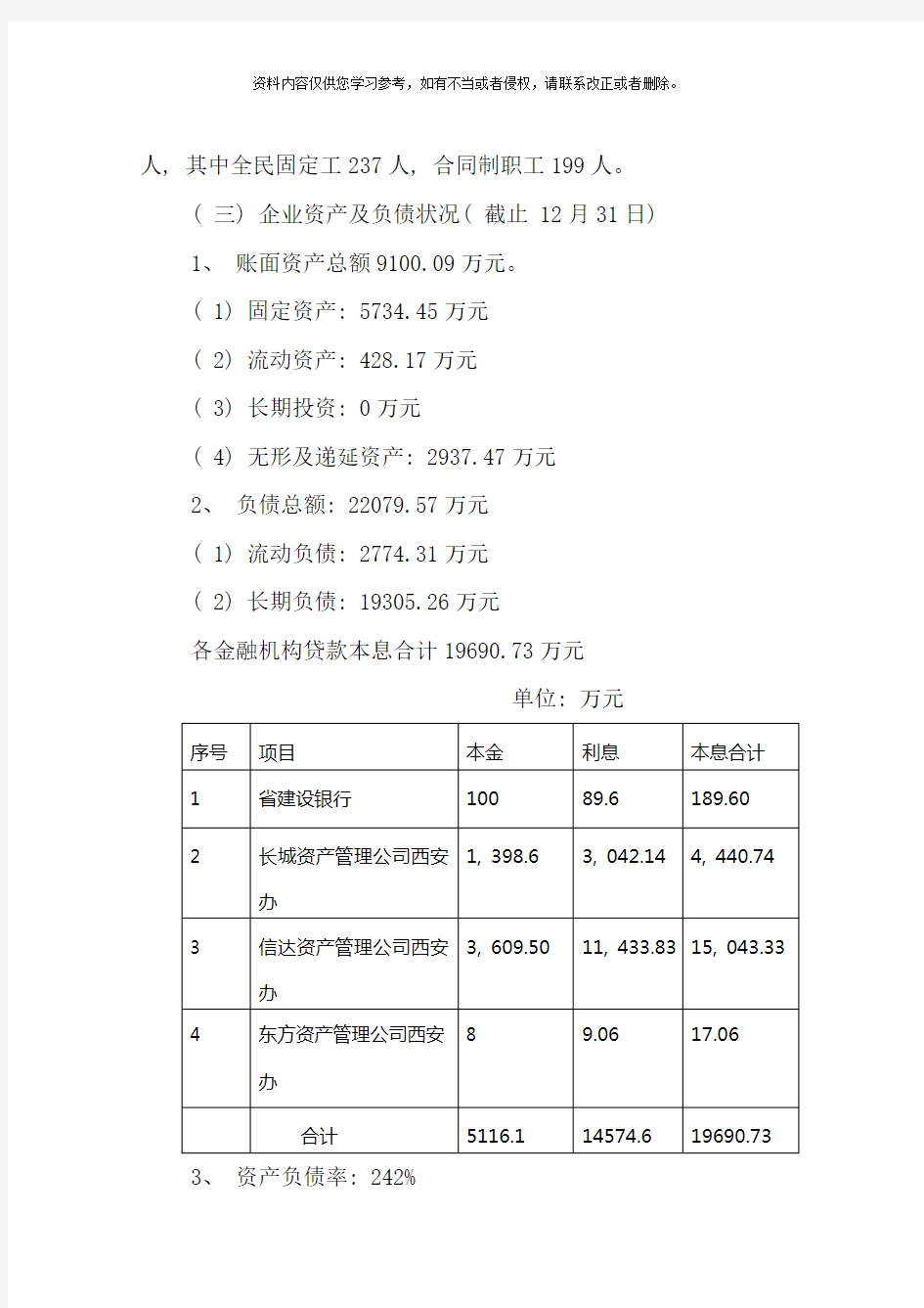 企业破产方案样本