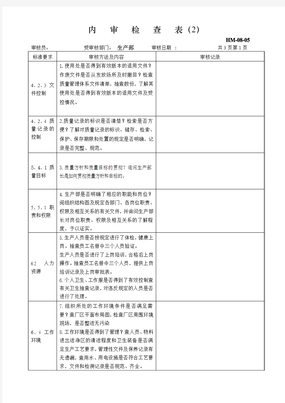 GMP内审检查表汇总-内审(生产)01