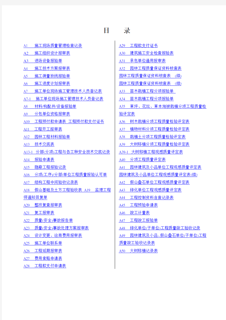 园林绿化工程施工常用全套标准化表格