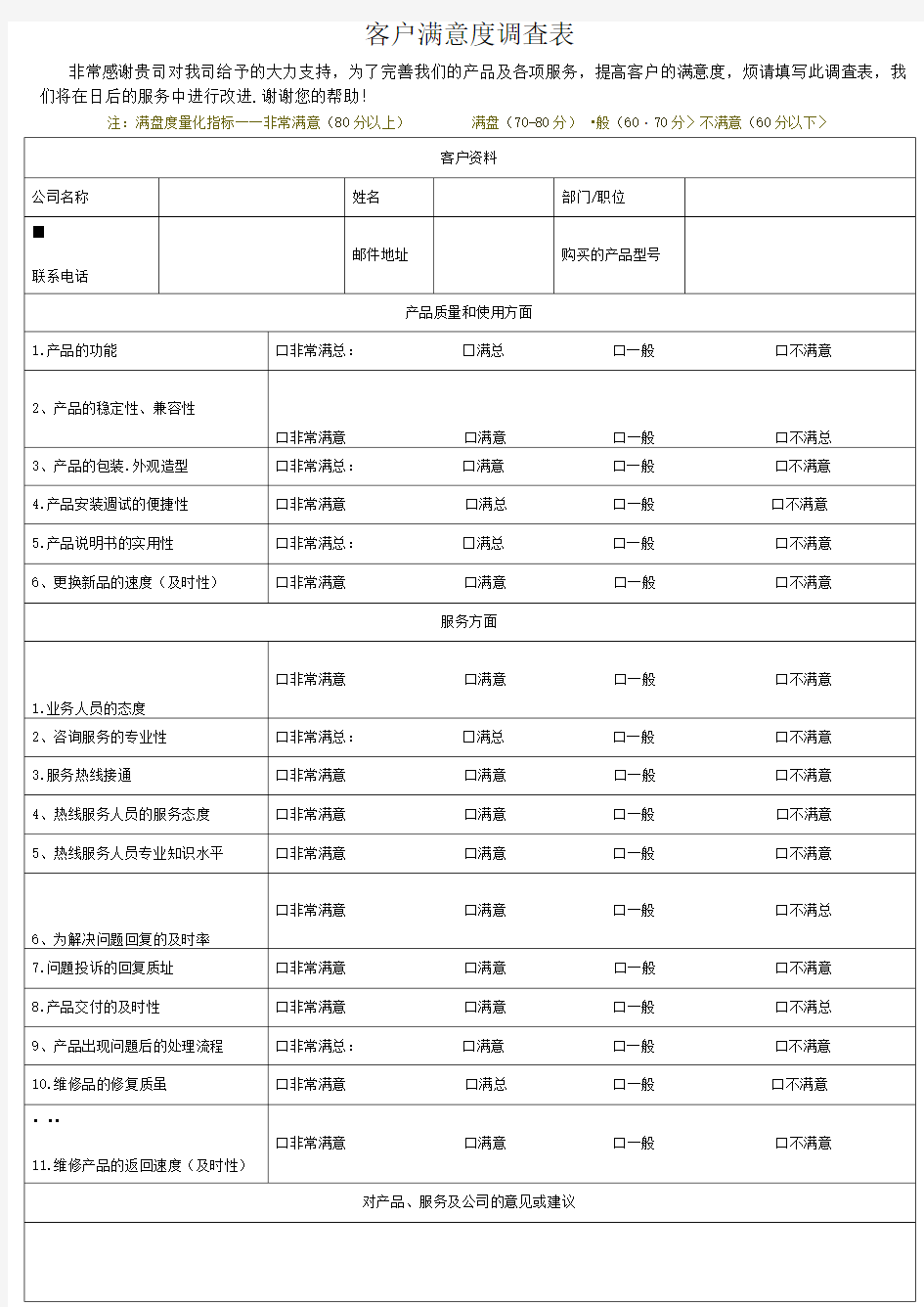 客户满意度调查表模板