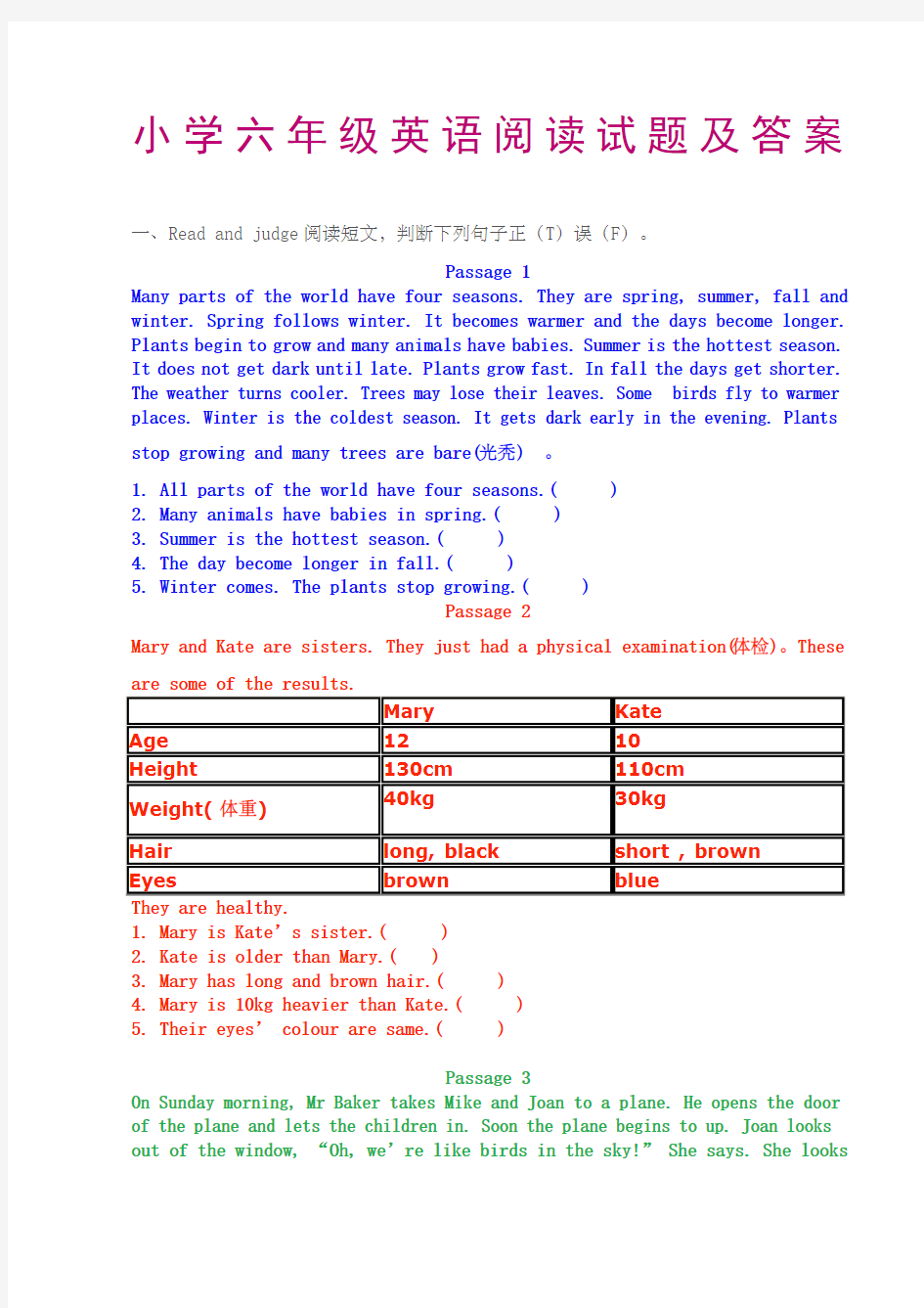 小学六年级英语阅读试题及答案