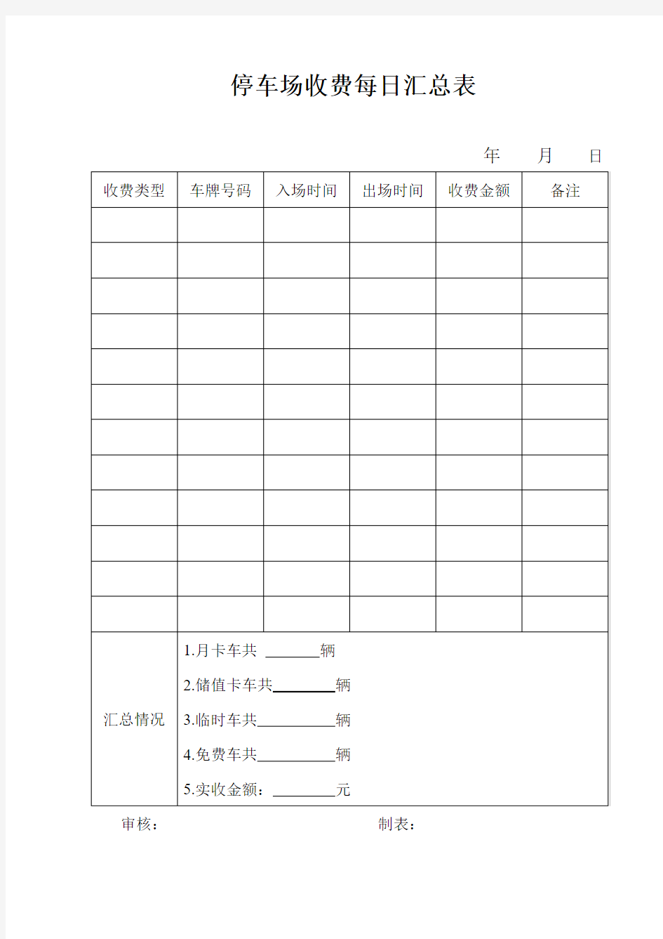 停车场收费每日汇总表