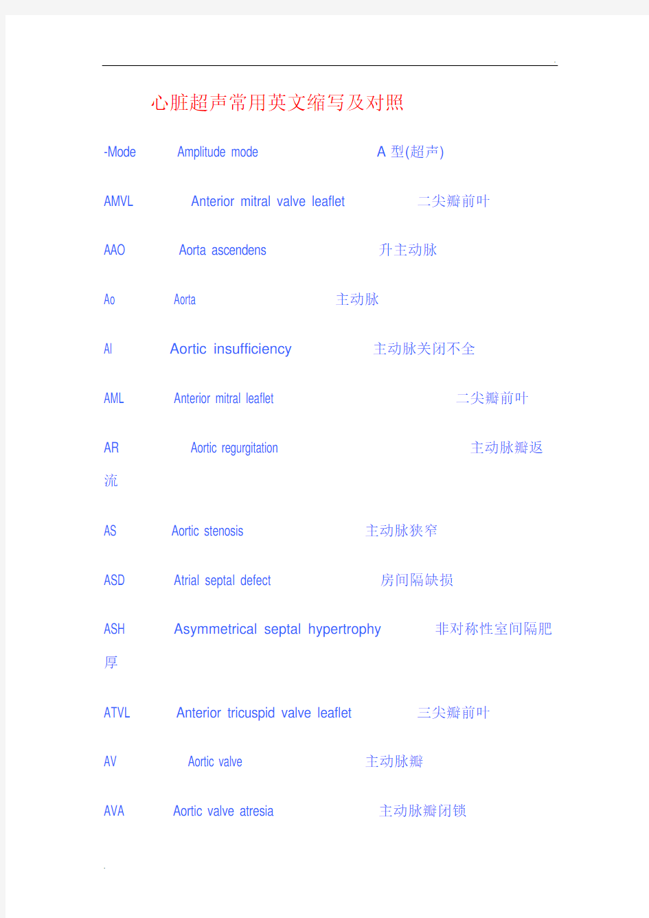 心脏超声常用英文缩写附对照