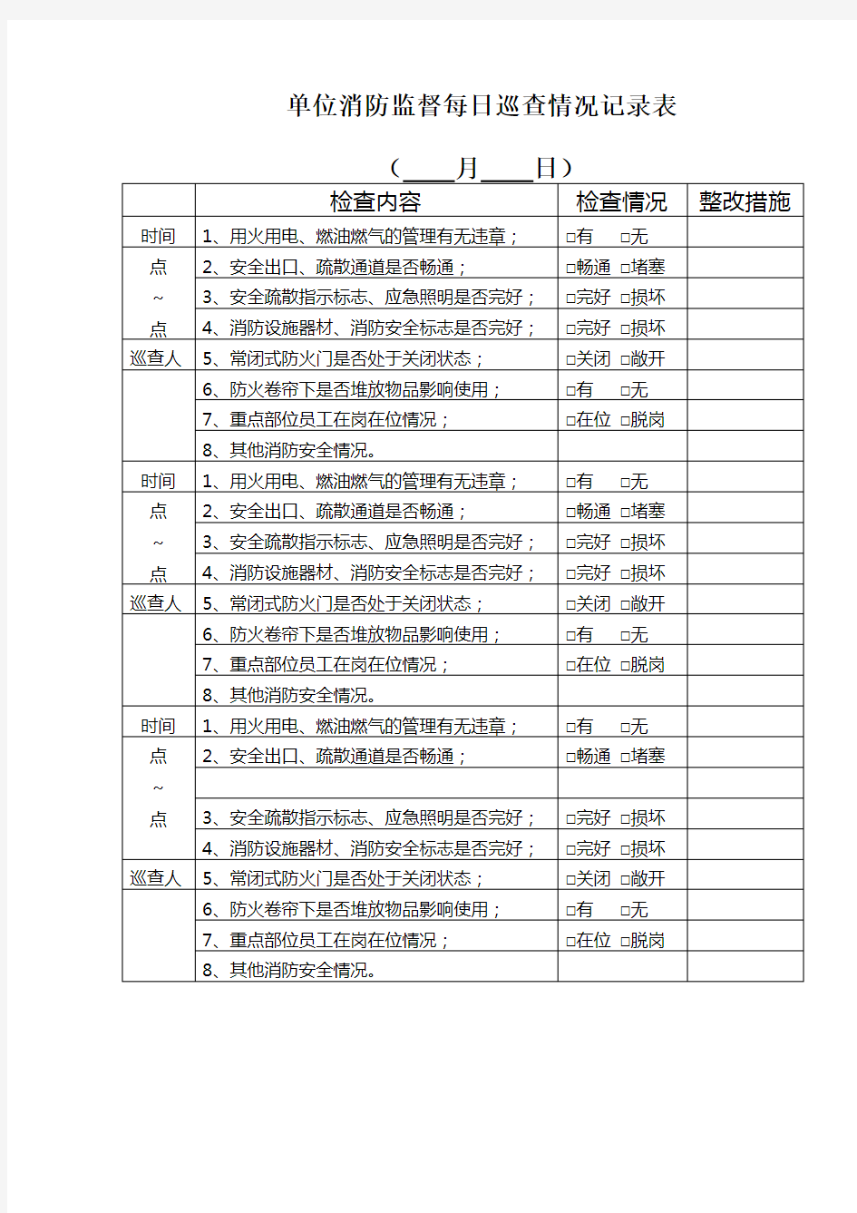 宾馆消防监督每日巡查情况记录表