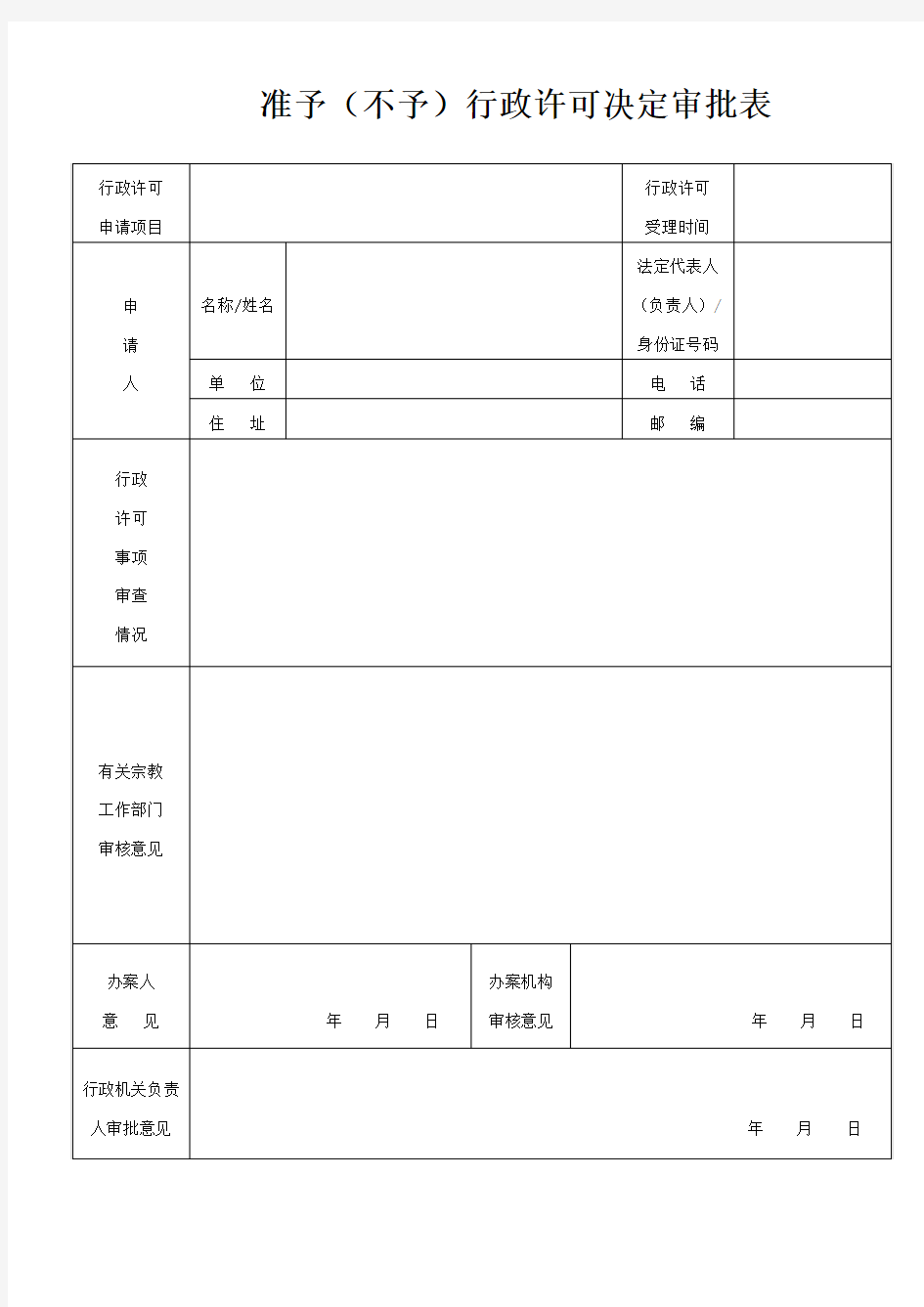 准予(不予)行政许可决定审批表