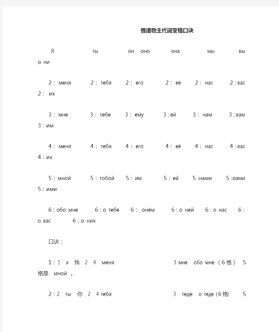 俄语物主代词变格口诀