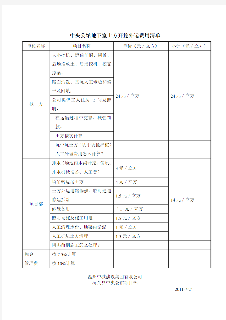 土方开挖报价单