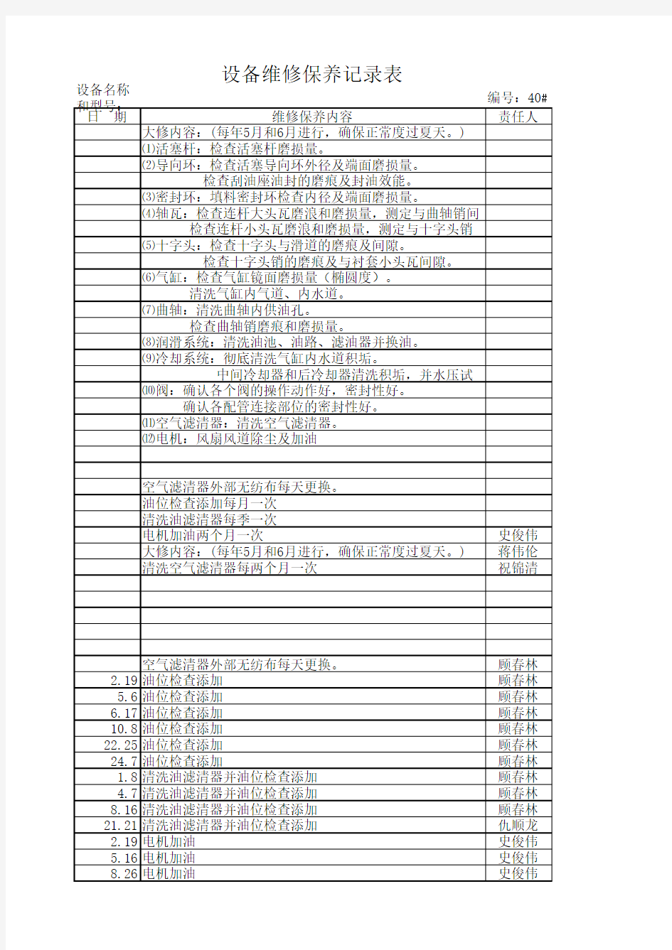 空压机维修保养记录表