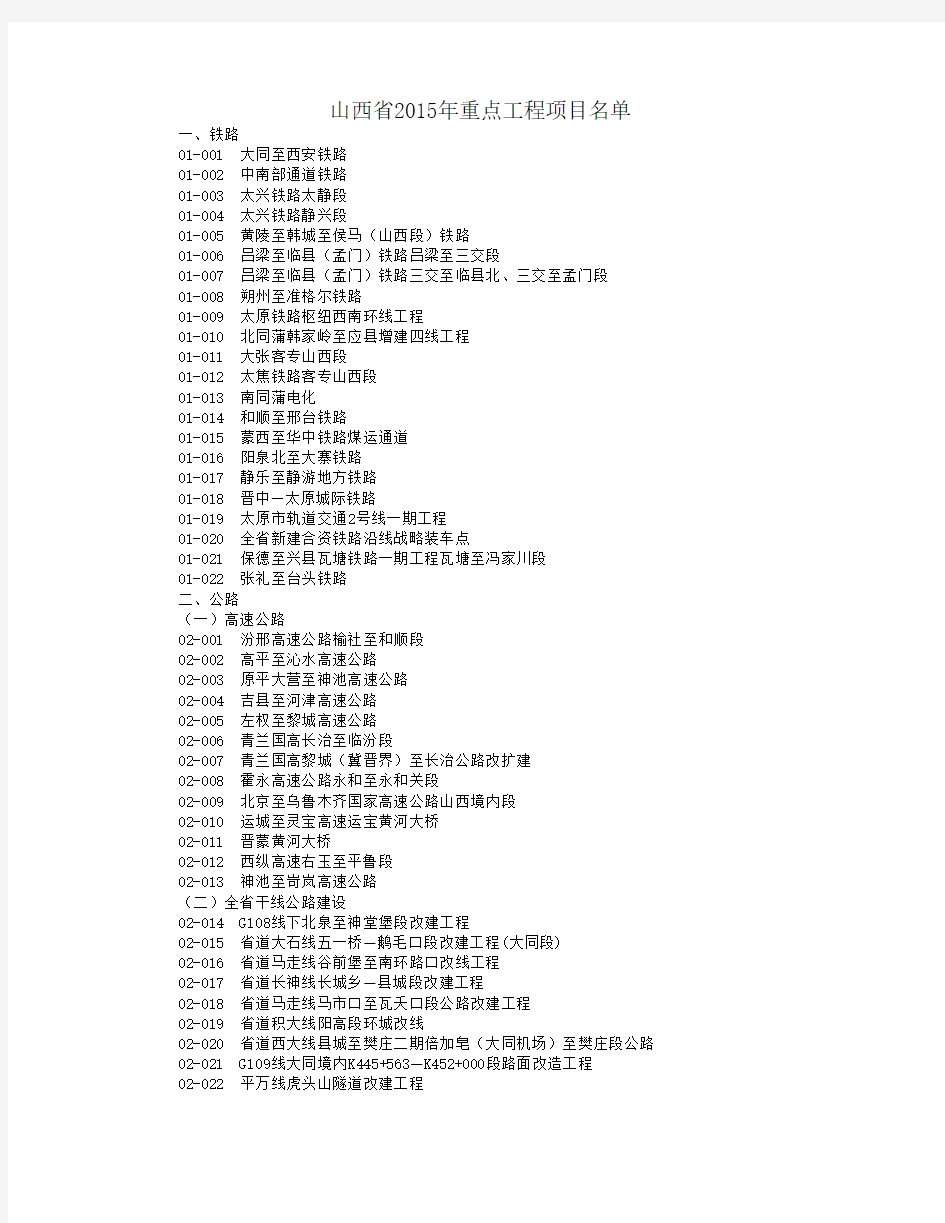 山西省2015年重点工程项目名单