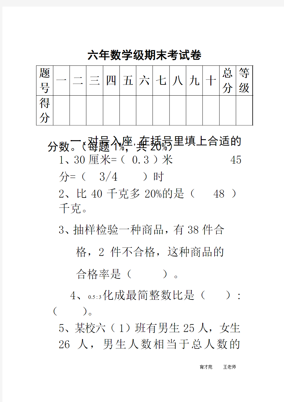 小学数学六年级上册期末考试卷及答案[1]