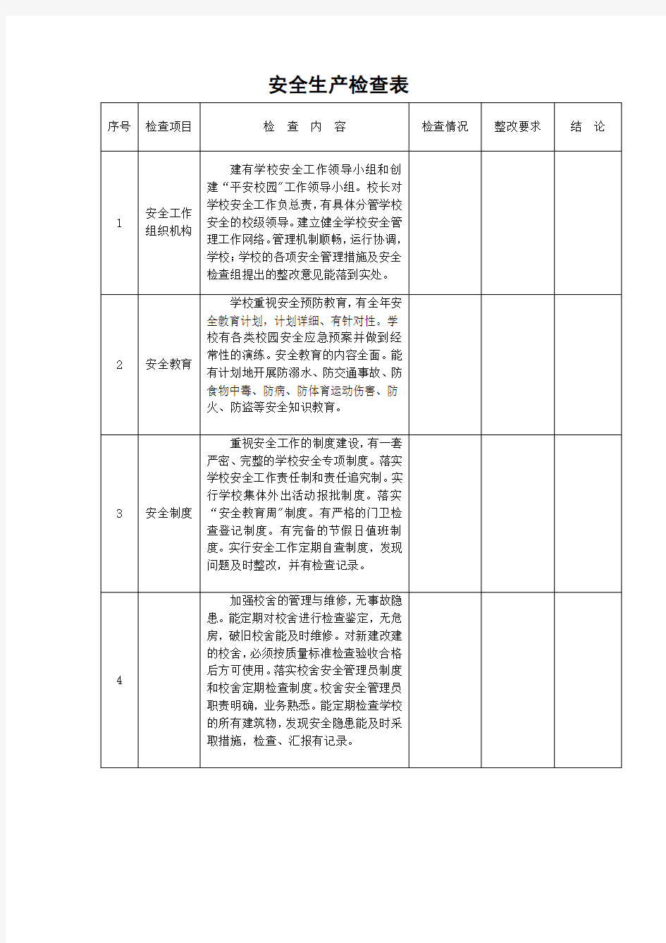 安全生产检查表(学校)