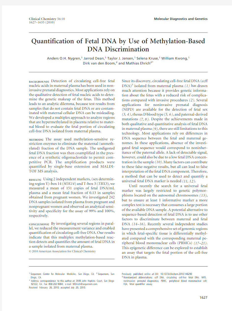 Quantification of Fetal DNA by Use of Methylation-Based DNA Discrimination