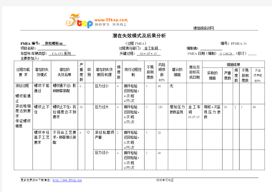 防松螺栓PFMEA分析实例