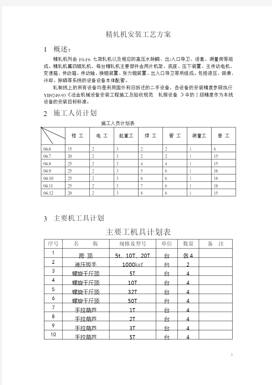 轧机安装工艺方案