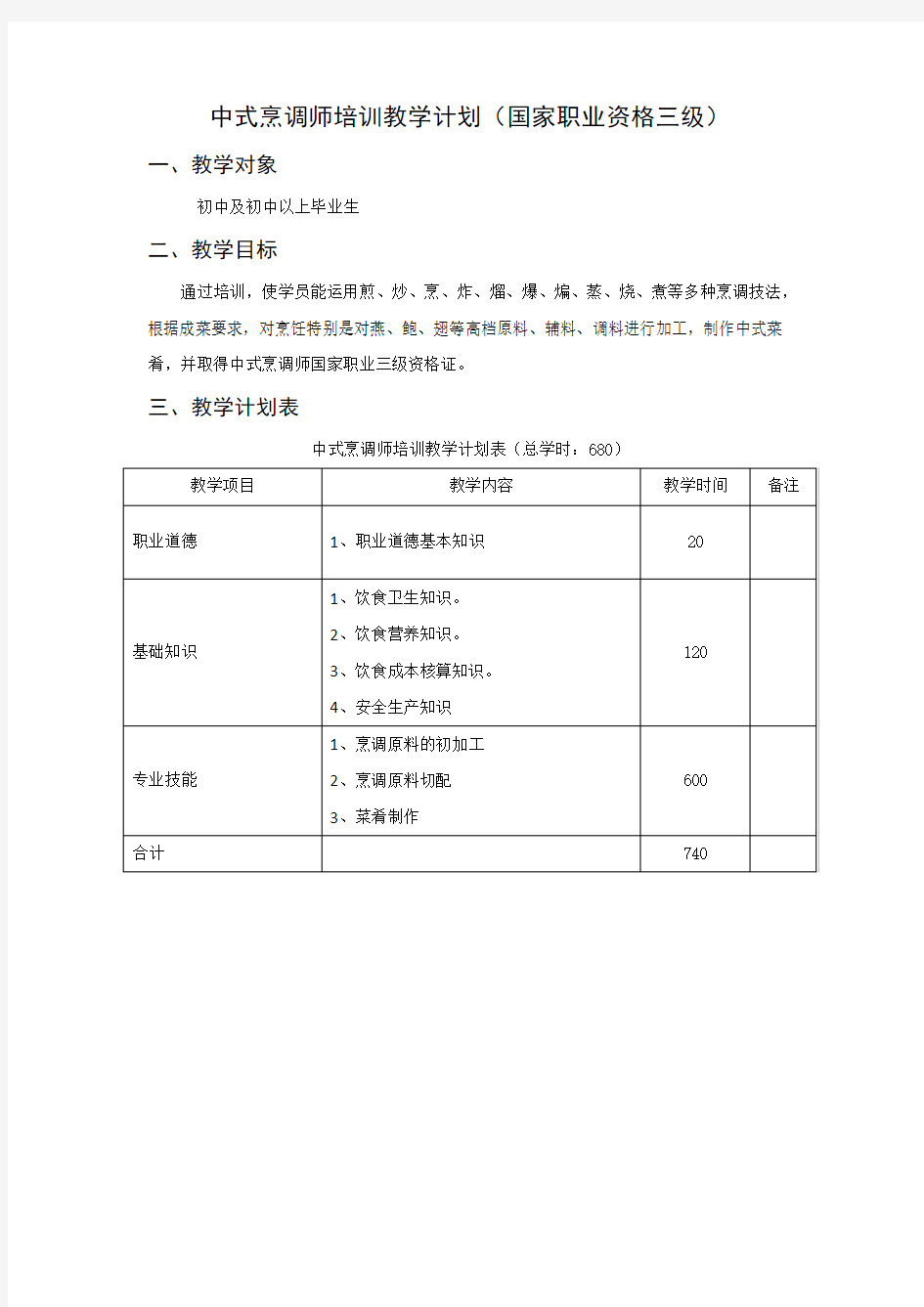 中式烹调师教学计划及大纲