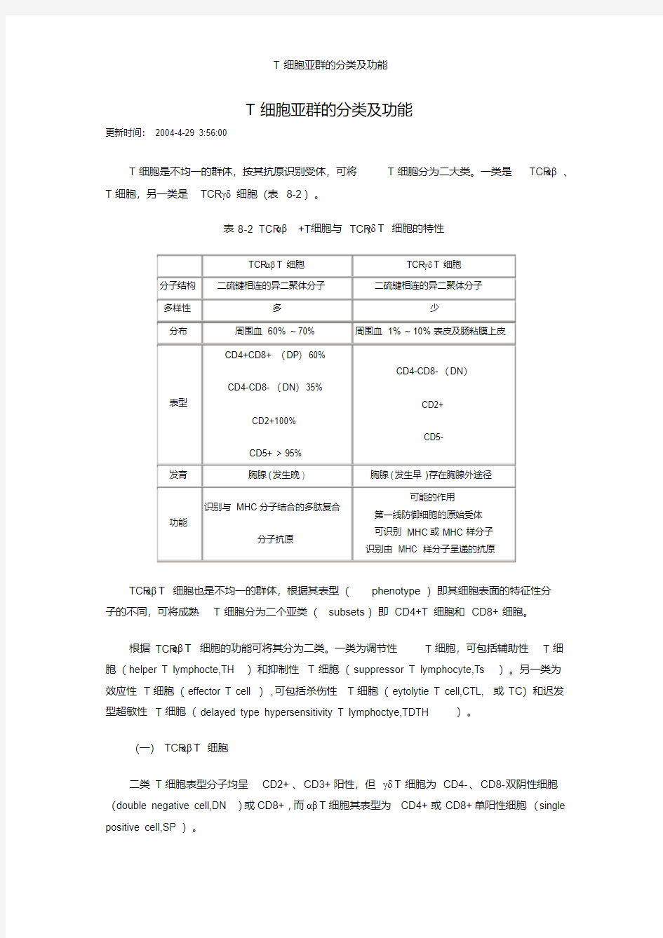 T细胞亚群的分类及功能