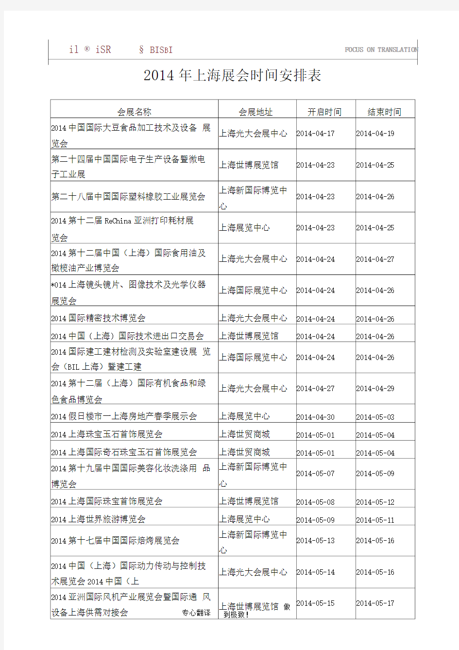 2017年最新上海展会信息排期表精品