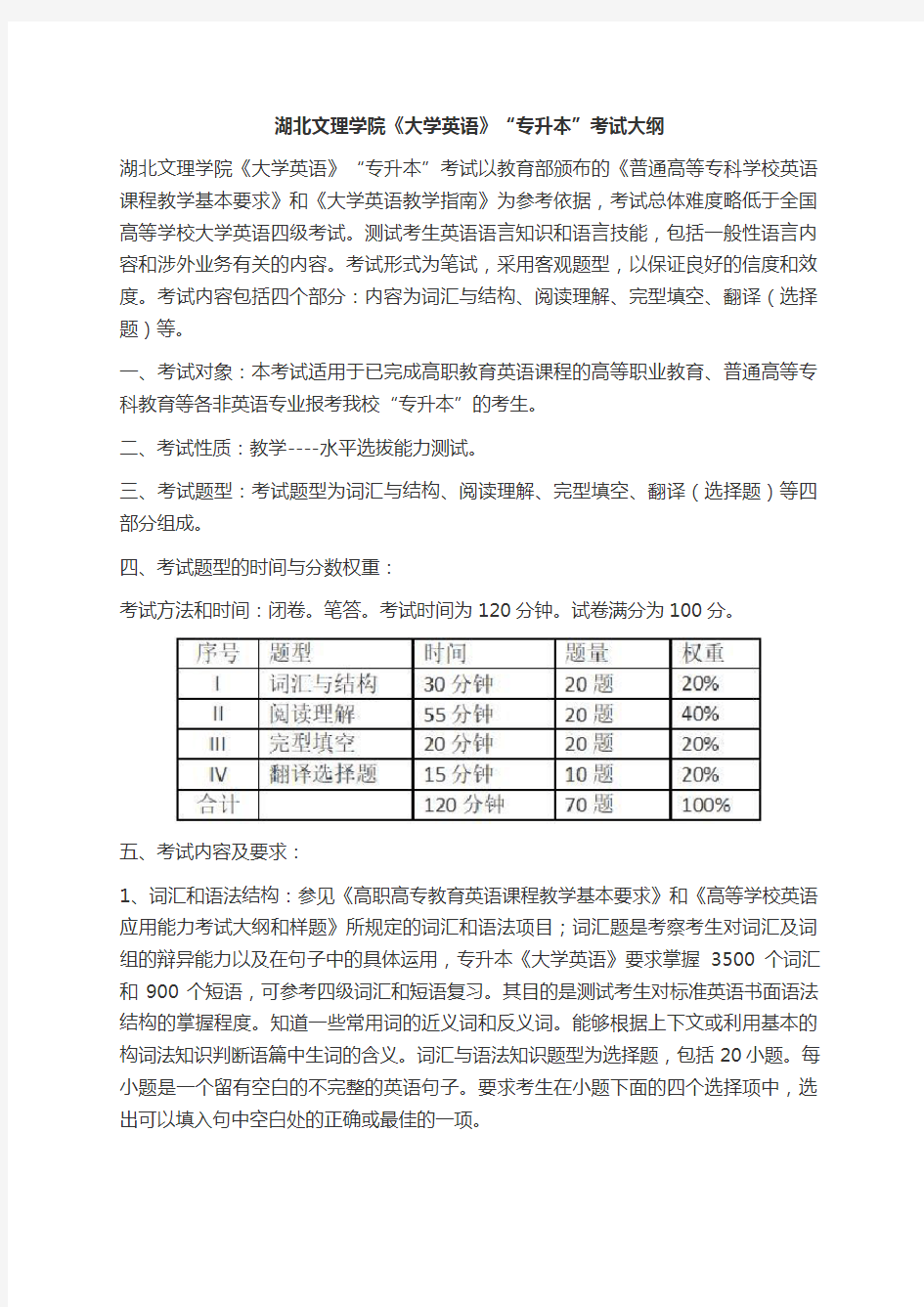 湖北文理学院专升本《大学英语》考试大纲