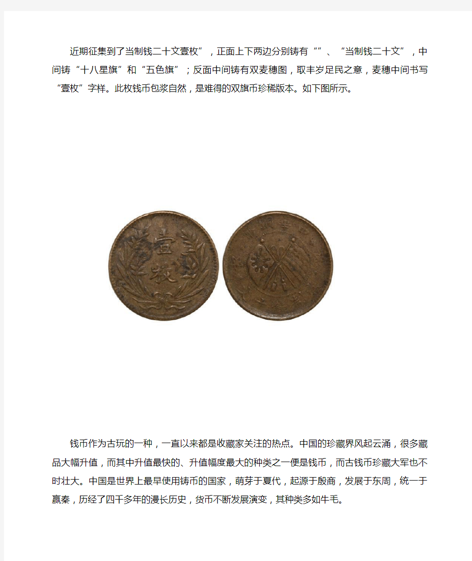 中华铜币当制钱二十文壹枚存世稀少