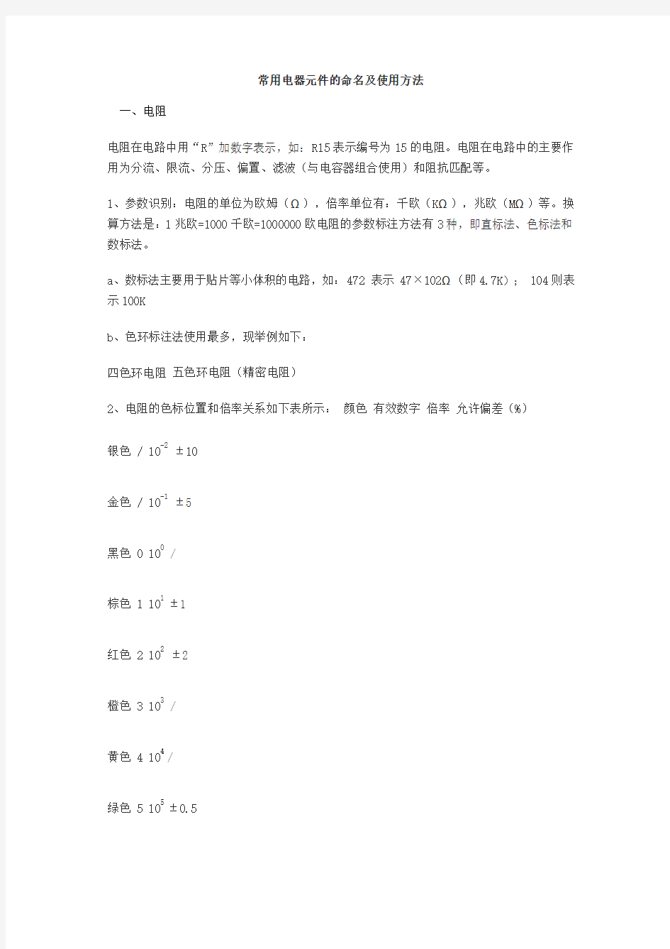 常用电器元件的命名及使用方法一电阻电阻在电路中用R加数字