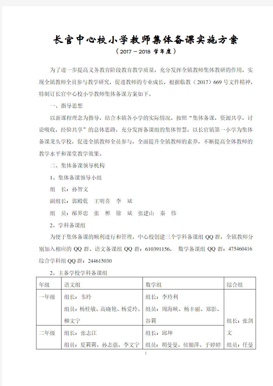 小学教师集体备课实施方案