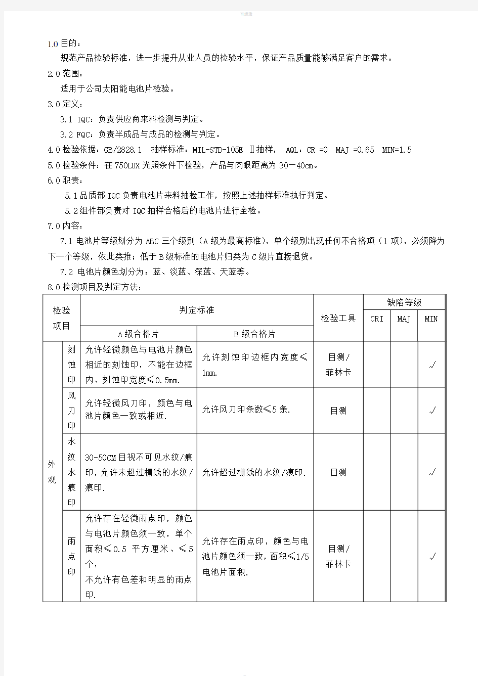 太阳能电池片检验规范