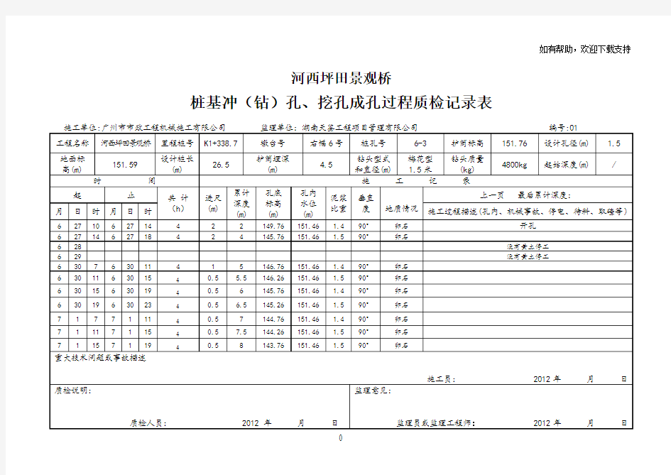 桩基钻孔、挖孔过程质检记录表